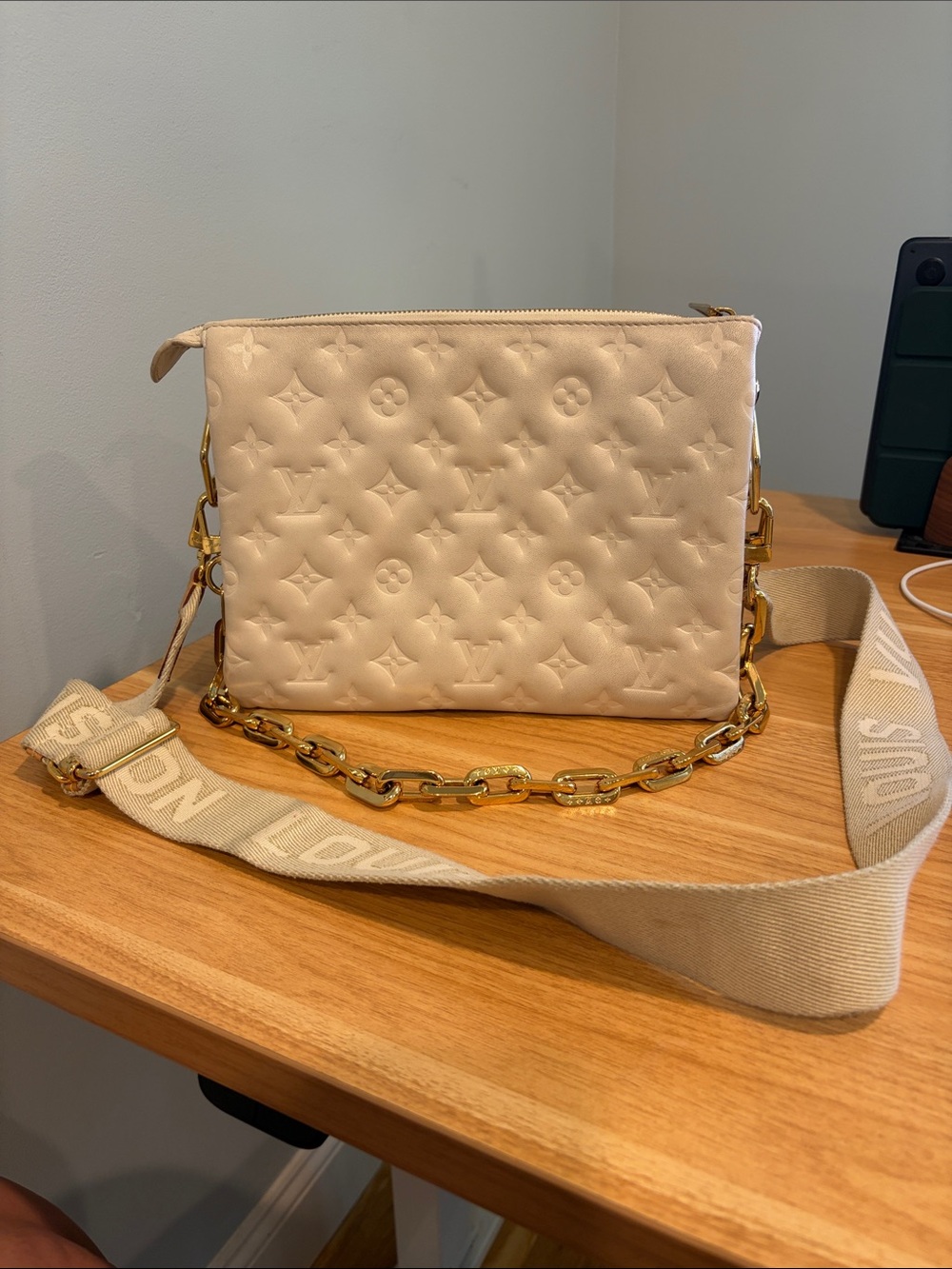 Pre-Loved Louis Vuitton Lambskin Embossed Monogram Coussin PM in Beige/Cream